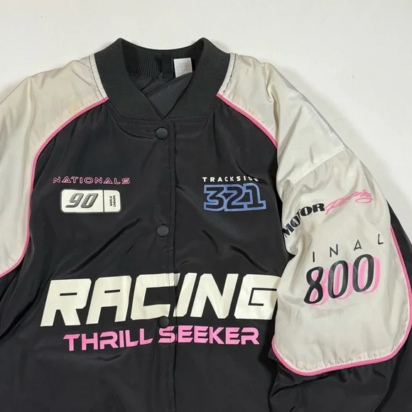 H&M Racing Thrill Seeker Black and Pink Oversized Bomber Jacket sz Small - Picture 4 of 9